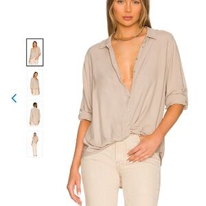 bobi Tan and Cream Button Down Shirt with Notched Collar and Cuffed Sleeves